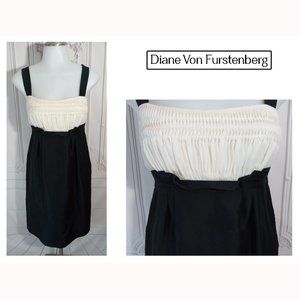 Diane Von Furstenberg Celardo Silk Dress Tuxedo Style Black Ivory Pockets Sz 4